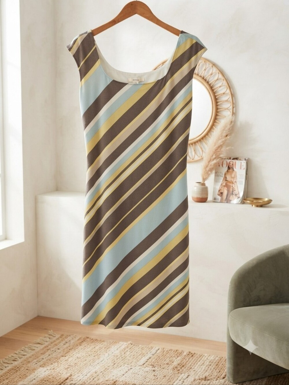 Sleeveless Diagonal Stripe Shift Dress in Blue and Brown
